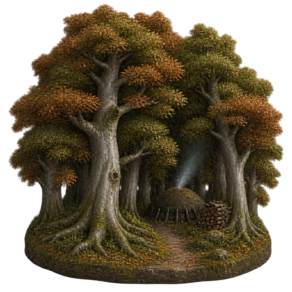 Sisi Hutan Beech diorama: pohon beech tua berdaun tembaga, gundukan pembakaran arang berasap, dan tumpukan kayu
