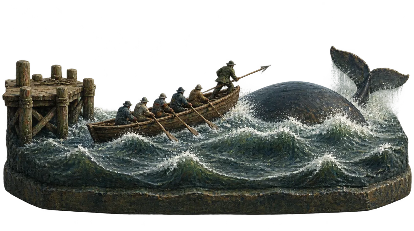 Sisi Pelabuhan diorama: dermaga kayu, perahu pemburu paus dengan harpooner di haluan, dan punggung serta ekor paus di ombak